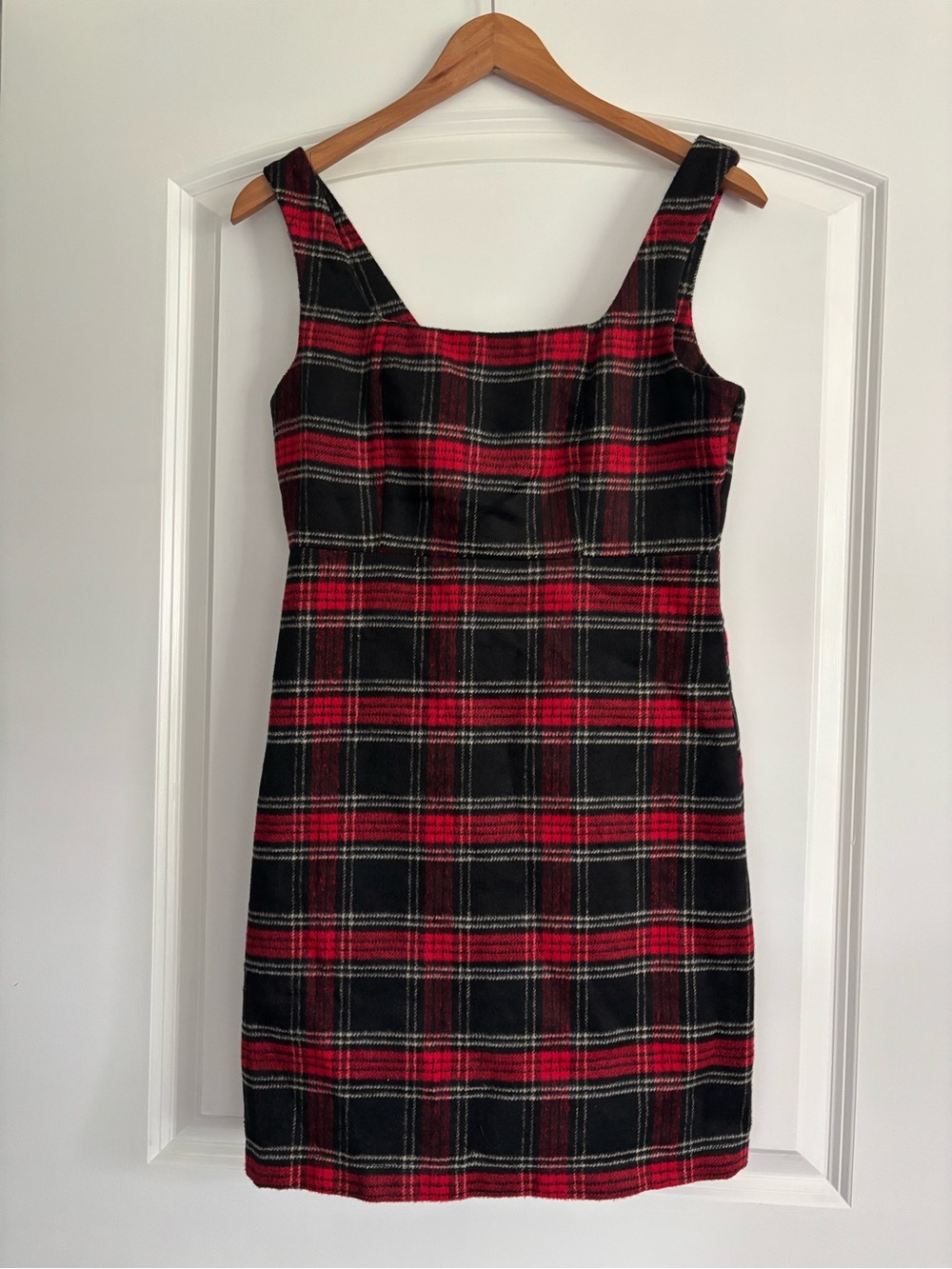 Copper Key Red & Black Plaid Mini Dress - Size S - Wool Blend Square Neck